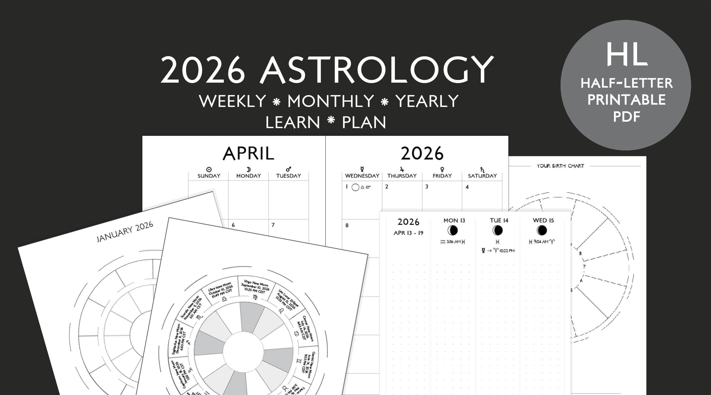 2026 Astrology Planner: Moon Phases, Transit Tracker (Printable Monthly/Weekly) - PDF Digital Delivery