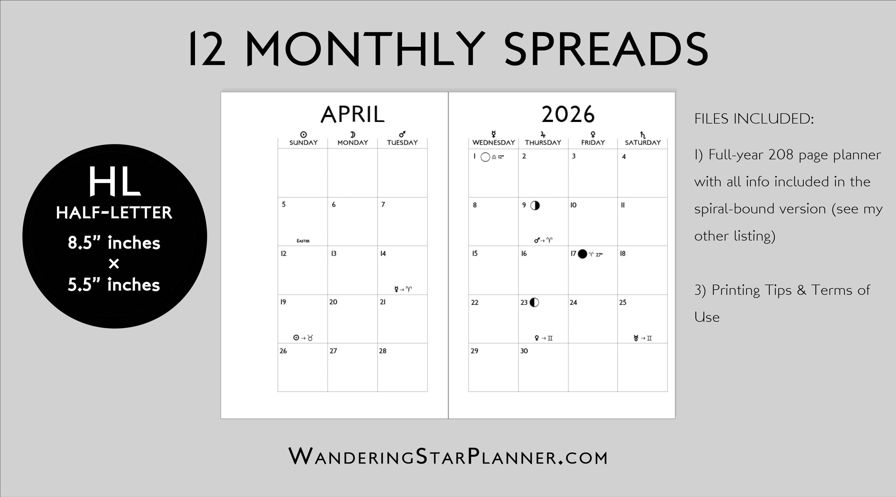 2026 Astrology Planner: Moon Phases, Transit Tracker (Printable Monthly/Weekly) - PDF Digital Delivery