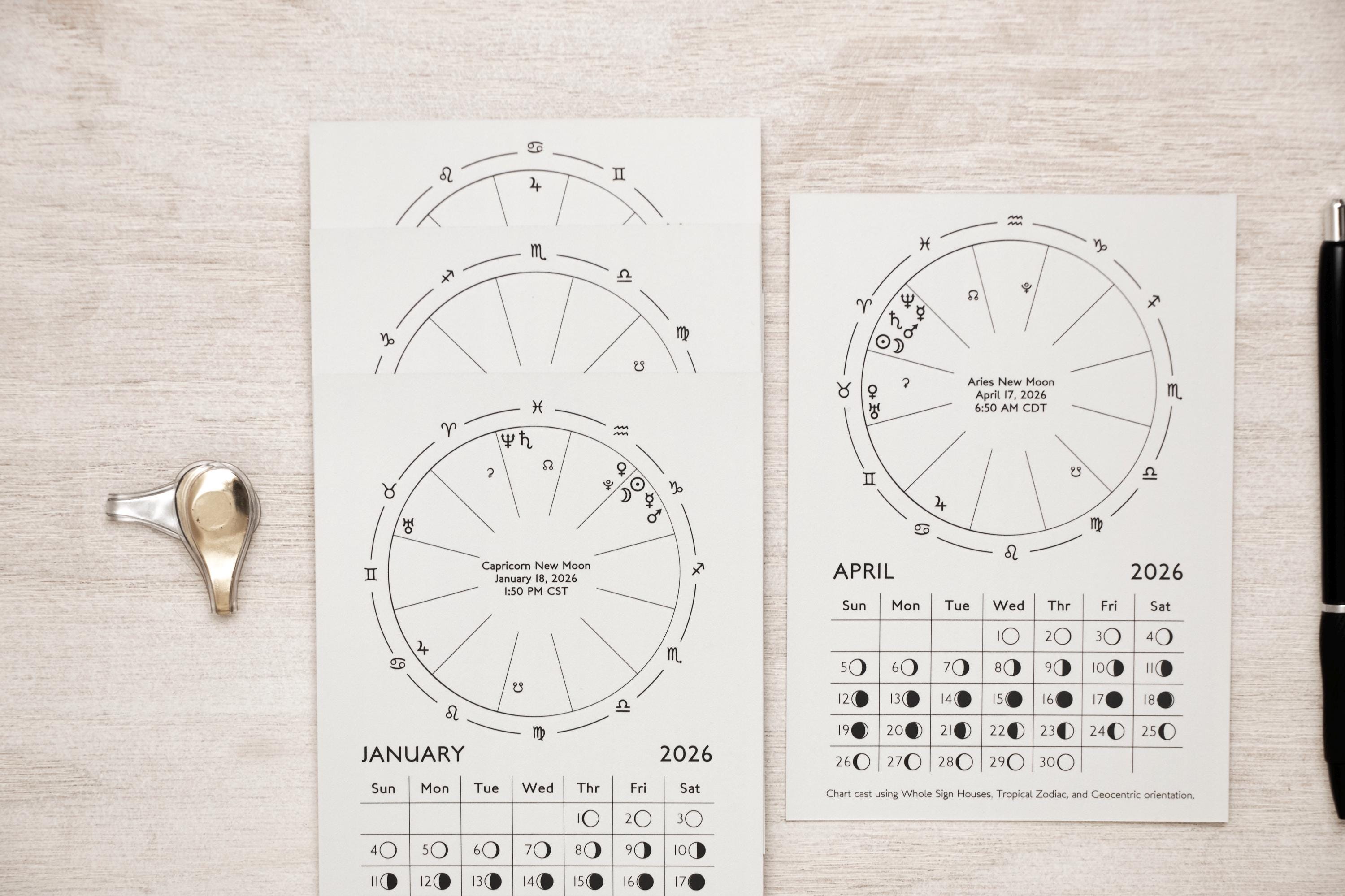 2026 New Moon Astrology Chart Cards (Set of 12) – Daily Moon Phases & New Moon Chart