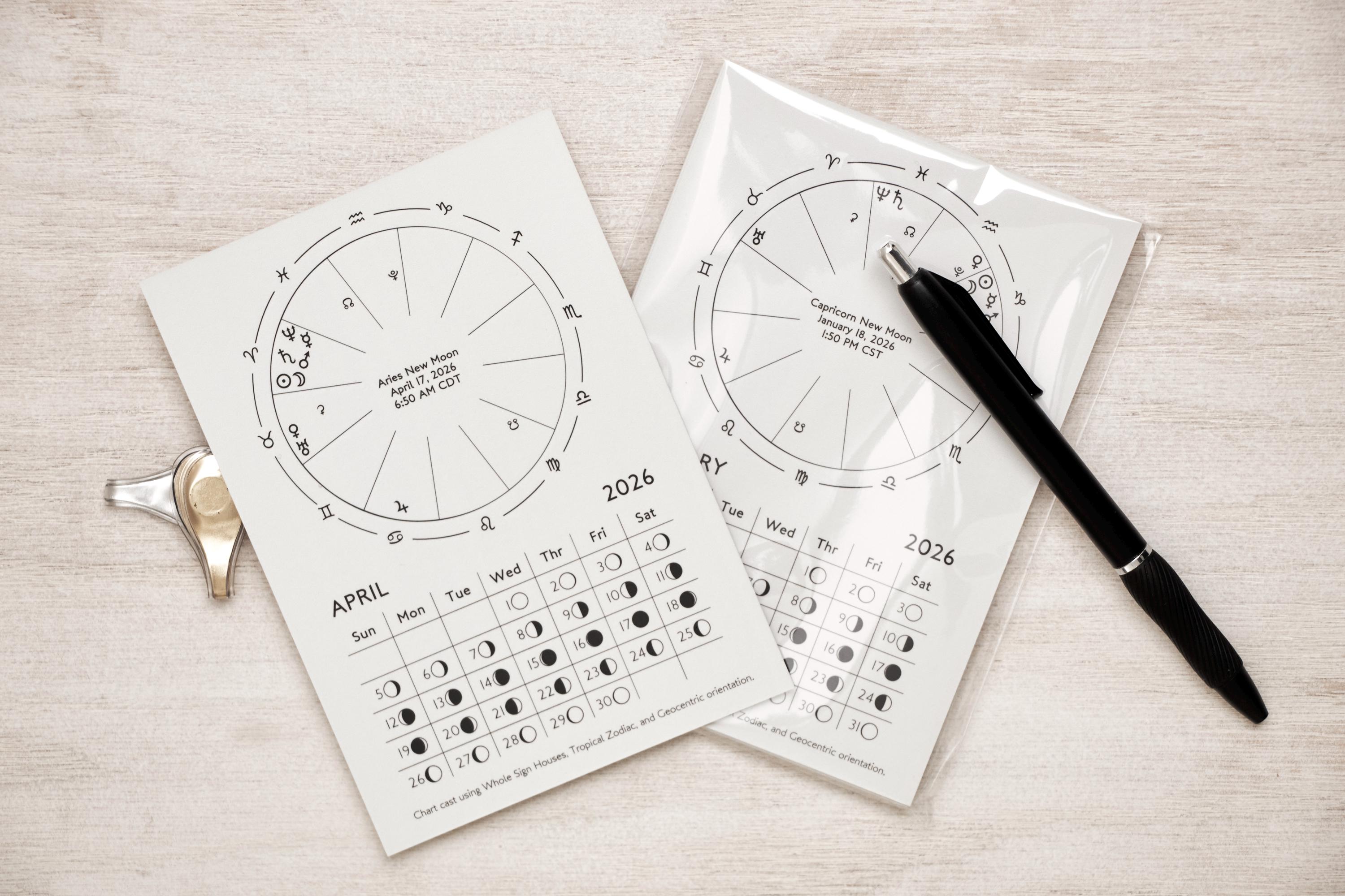 2026 New Moon Astrology Chart Cards (Set of 12) – Daily Moon Phases & New Moon Chart