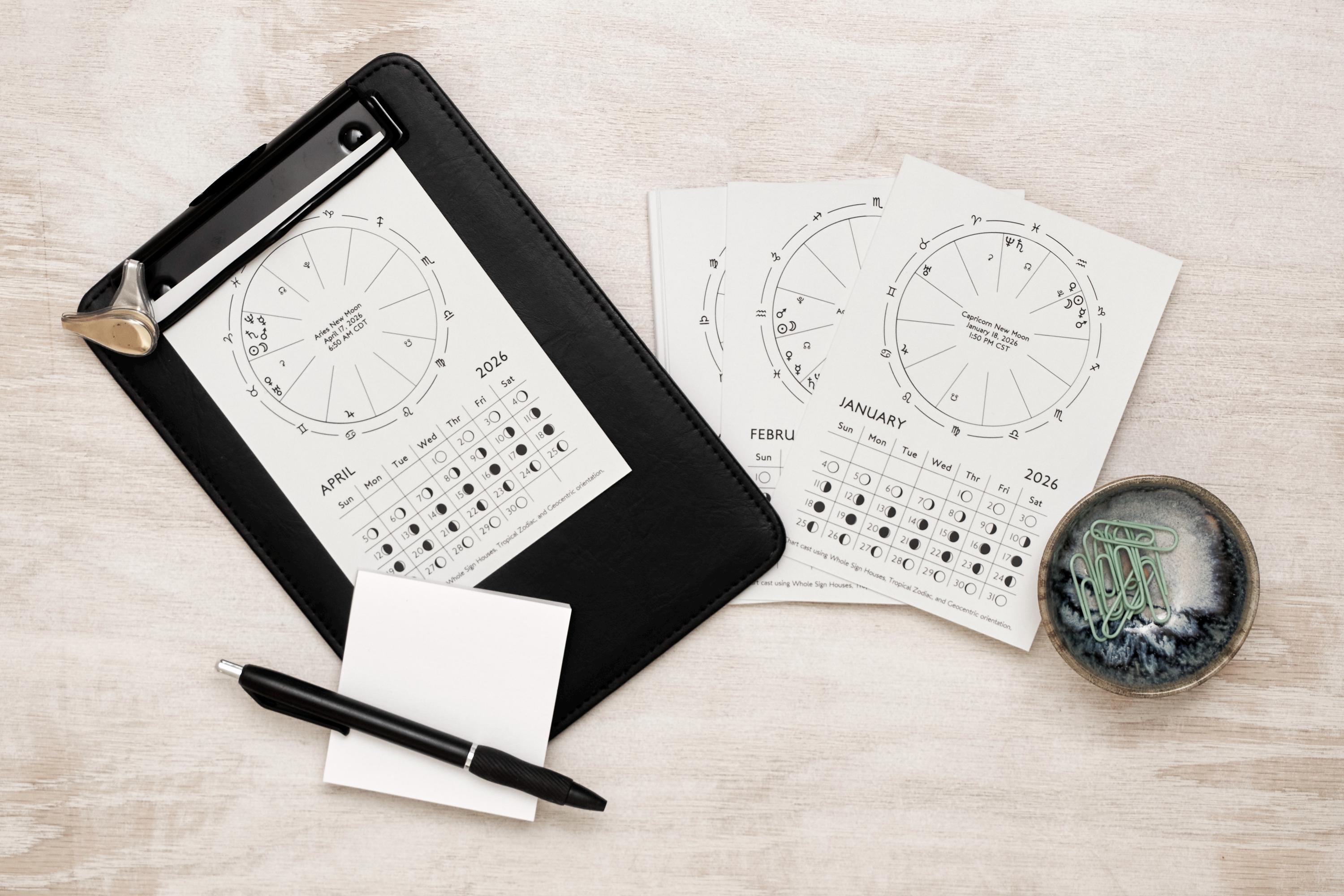 2026 New Moon Astrology Chart Cards (Set of 12) – Daily Moon Phases & New Moon Chart