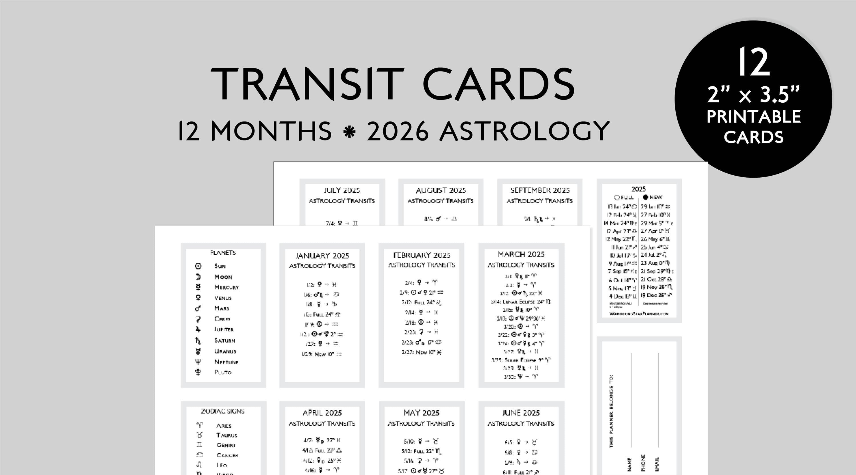 2026 Monthly Astrology Transit Card Printables – Business Card Size PDF Instant Download