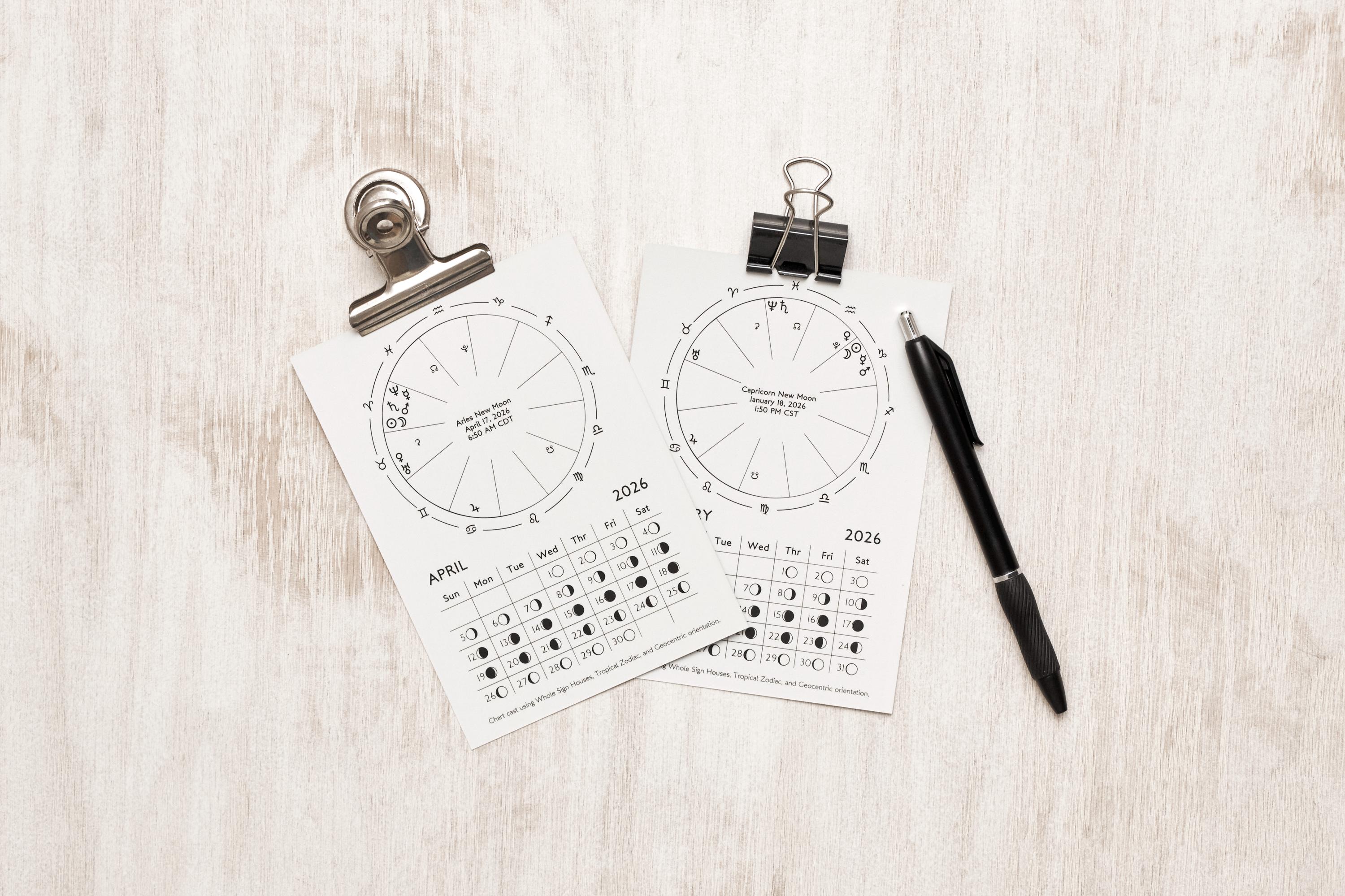 2026 New Moon Astrology Chart Cards (Set of 12) – Daily Moon Phases & New Moon Chart