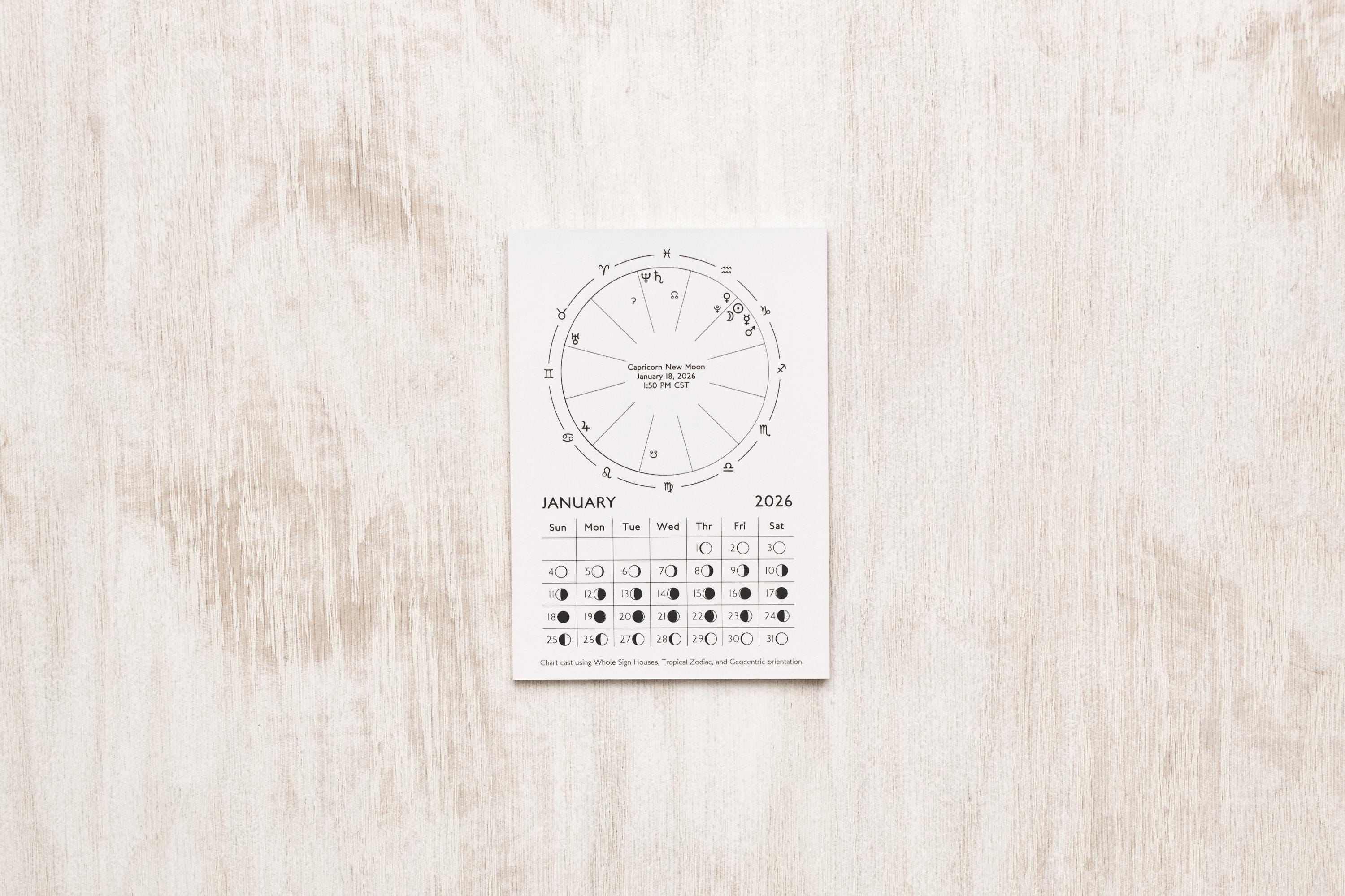 2026 New Moon Astrology Chart Cards (Set of 12) – Daily Moon Phases & New Moon Chart